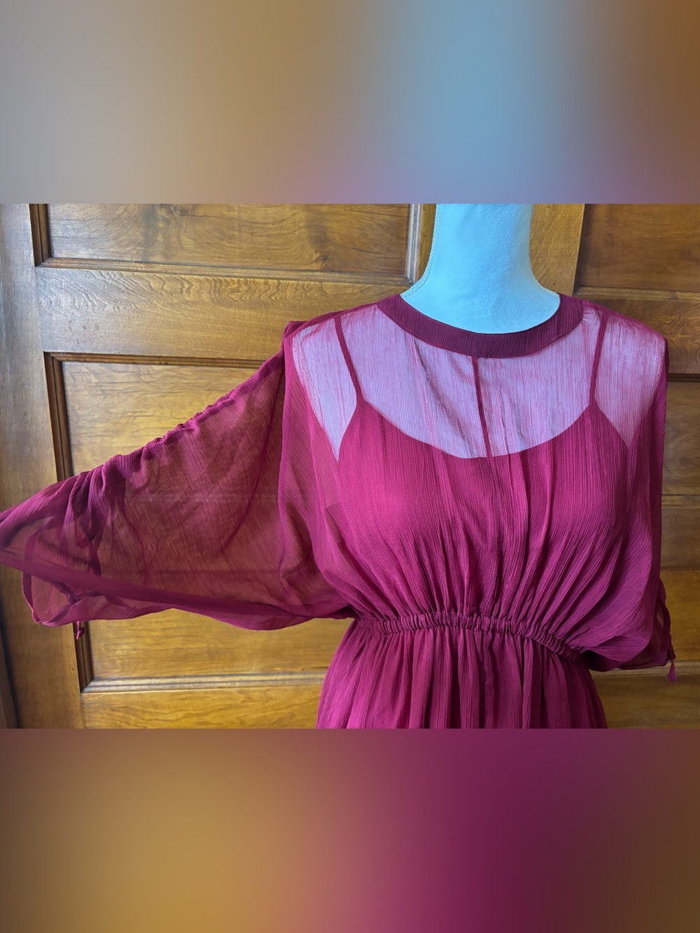 Sheer Overlay Waist-Defined Maxi Dress - Burgundy - Picture 6 of 8